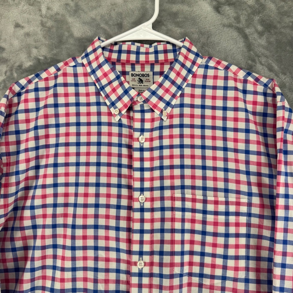 BONOBOS Mens XLarge Button Down Shirt Pink Blue Gingham Plaid Long Sleeve Cotton